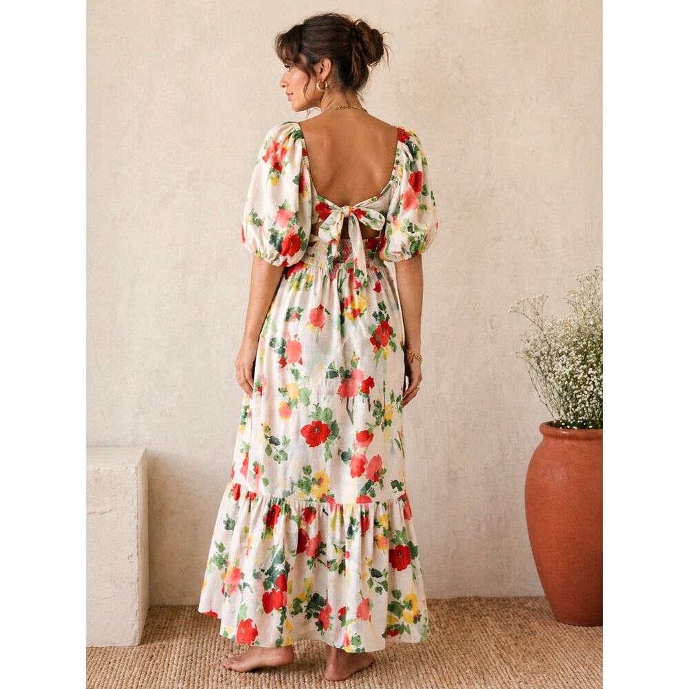 Sezane 4 Carlotta Linen Puff Sleeve Maxi Dress $450 Floral Poppy Square Neck 36 - Picture 2 of 13